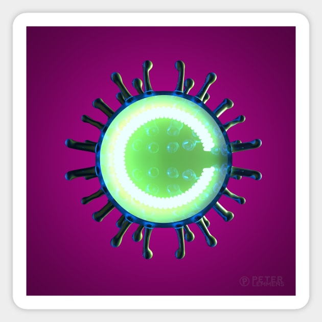 Virus Illumination - A Render of a Virus Cut in Half with Greenish Neon Light Inside on a Purple Background Sticker by Anigroove